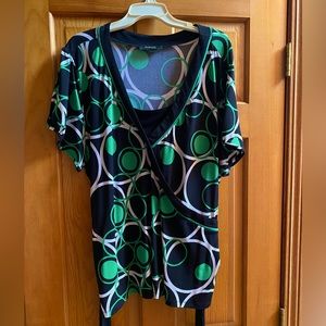 Summery, Sassy swirls in black, green, white. Open neck w/ optional tie at waist